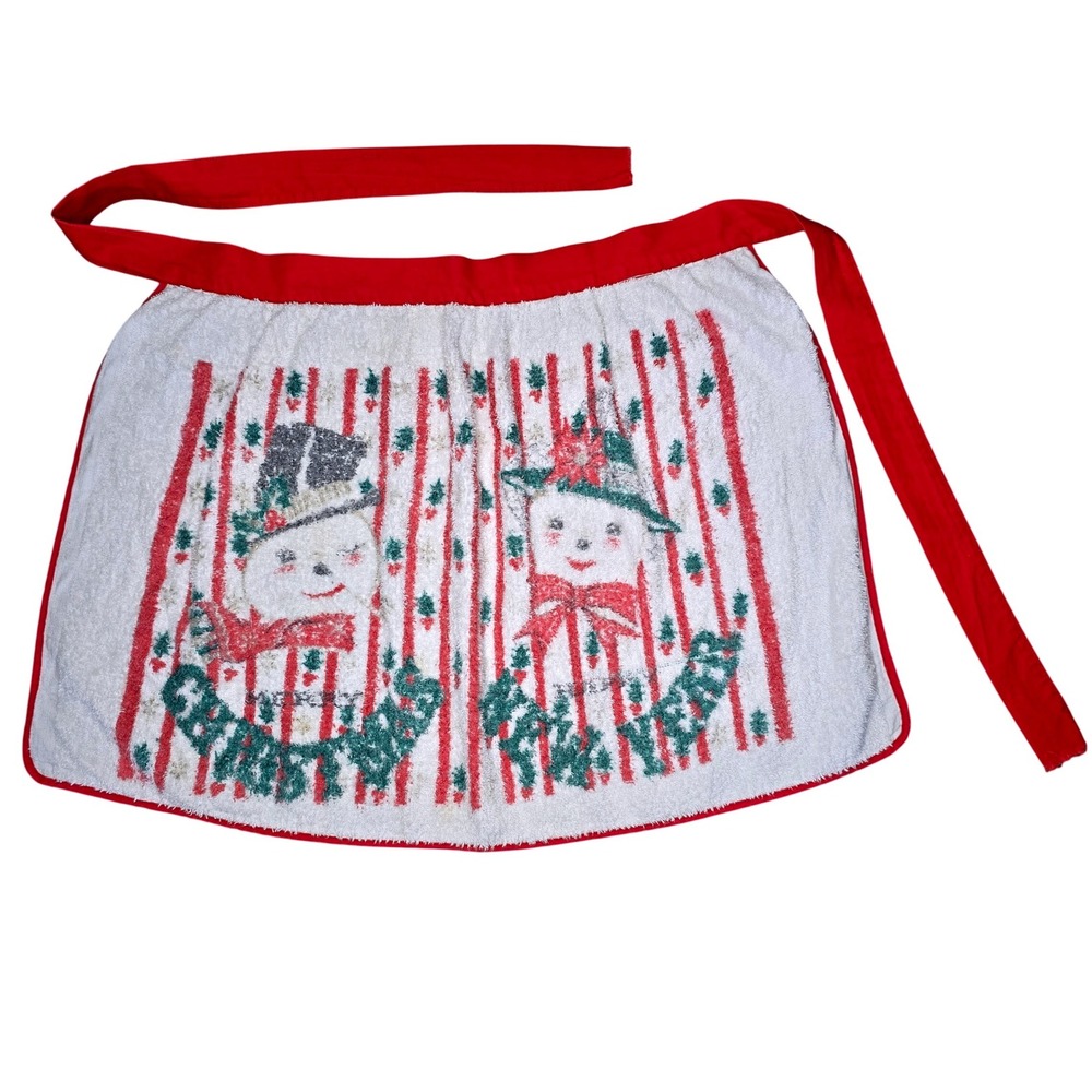 Vintage Christmas Terry Cloth Half Apron Snowmen Red White Waist Tie
